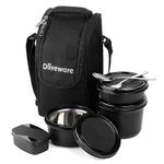 SOPL-OLIVEWARE Executive Lunch Box, Microwave Safe, 3 Inside Steel Container with BPA Free Lids (290ml, 450ml, 600ml, Plastic Pickle Box (130ml) & Steel Cutlery - Black