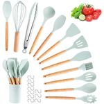 hicoosee 22 Pieces Silicone Cooking Utensils Set, Natural Wooden Handles Cooking Tool BPA Free Non Toxic Non Stick Heat Resistant Silicone Kitchen Gadgets Utensil Set, Green