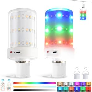 Rechargeable Light Bulbs with Remote E27 2Pack Wireless Led USB Battery Operated Magnetic Portable Light Bulb 3 Color Temperatures 12 RGB Timer Function for Lamps Non-Hardwired Fixture Camping