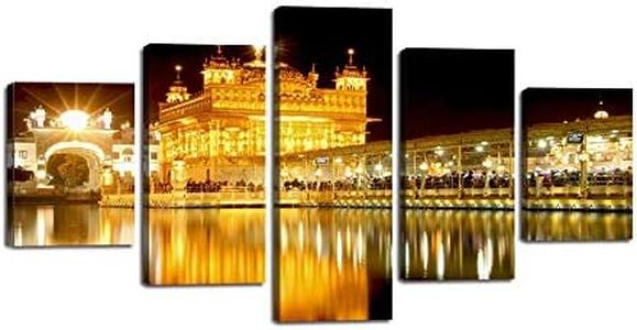 5 Piece Sikh Canvas Wall Art Golden Temple at Amritsar Painting India Pictures Dawn Mirror View Poster Prints Artwork Home Decor for Living Room Bedroom Office Framed Ready to Hang (60”Wx32”H)