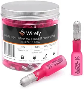 150 PCS Wirefy Heat Shrink Male Bullet Connectors - Male Wire Bullet Connectors - Electrical Bullet Butt Terminals - Red 22-16 AWG