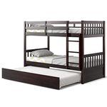 KOMFOTT Wood Bunk Bed with Trundle Twin Over Twin, Solid Pine Wood Bunk Bed Frame with Ladder & Safety Guardrails, Space-Saving Convertible Bunk Bed for Home & Dormitory, No Box Spring Needed