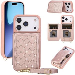 Jcxtrombulous for iPhone 17 Pro Max Wallet Case with Card Holder Slots and Strap, RFID Blocking Magnetic Flip Folio Cover, Crossbody Purse Protection Case with Kickstand,Rose Gold Diamond
