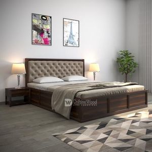 DRIFTINGWOOD Dolvi Solid Sheesham Wood Queen Size Bed with Storage | Wooden Double Bed Cot Bed with Box Storage & Matt Beige Mink Velvet Upholstered Cushioned Headboard for Bedroom | Walnut Finish