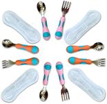 Toddler Silverware, Kids Utensils, Stainless Steel Forks Spoons Set with Travel Case for 1 2 3 4 year old. Metal Cutlery for Children, Girls Boys Baby, Round Handle 8 Pieces (4 sets) Pink Blue, Orange