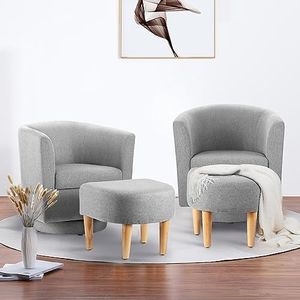 DAZONE Swivel Accent Chair Set of 2, Modern Swivel Chair with Ottoman, Comfortable Living Room Chairs Upholstered Armchairs 360 Degree Barrel Round Club Tub Sofa Chair for Bedroom Reading Room, Grey