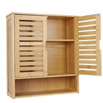 unho Bathroom Wall Cabinet Storage: Bamboo Medicine Cabinets Wall Mounted Shelves Over Toilet Storage Organizer with 2 Doors Adjustable Shelf Magnetic Lock