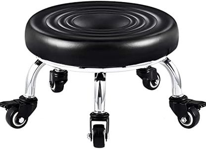 Kalolary Sedia Sgabello Girevole Regolabile con Sedile Rotondo Base in Metallo Resistente Sgabello Basso in Pelle su Ruote per Massaggio Parrucchiere Spa Tattoo Therapy (Senza Schienale, Nero)