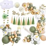 Baby Shower Decorations for Girls Boys Sage Green Gold Balloons Garland Kit Jungle Safari Baby Shower Decorations with Tassels Paper Poom Flower for Olive Green Baby Gender Reveal Party Supplies