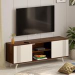 BLUEWUD Harmond Engineering Wood Floor Standing TV Entertainment Unit Set Top Box Stand/TV Cabinet with Shelves for Books & Décor Display Unit Bed Living Room Upto 55 Inches (Brown Maple & White)