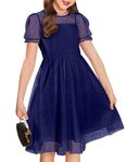 Arshiner Girls Dresses Polka Dots Mesh Soft Flounce Sleeve Round Neck Midi Formal Party Classic Dress Navy Blue 5-6Year