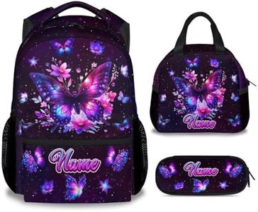 KNOWPHST Backpack for Girls, 17 Inch Butterfly School Bag Set | 3 PCS Kids Bookbag with Lunch Box & Pencil Case, Personalized Name Customized Schoolbag