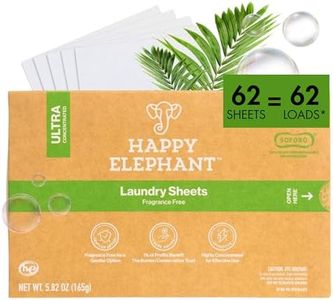 Happy Elephant Laundry Detergent Sheets, Fragrance Free, Natural Biodegradable Laundry Sheets, Plant Based, Tough on Stains, Gentle on Skin, Compatible with HE & Any Washing Machine, 62 Sheet, 1 Pack