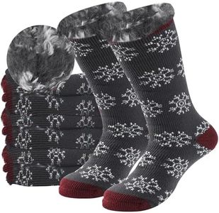 Sunew Sport Skiing Socks, Polar Cold Weather Outdoor Comfort Heavy Fuzzy Heat Mid-Calf Snowboarding Ski Thermal Socks, Men Indoor Warm Thick Boot Sleeping Slipper Sock,4 Pack Grey Snowflake Red Large