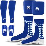 MediCaptain Soccer Grip Socks, Shin Guards, Pre Cut Sock Sleeves, and Guard Straps Bundle Pack - Essential Equipment for Soccer Players - for Mens, Women, Youth, Size 7 to 12 US Men Shoe Size (Blue)