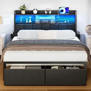 Furnulem Queen Bed Frame with Storage Drawers, Upholstered Headboard with Storage Shelf, LED Lights and Charging Station, Metal Platform Bed Frame Queen Size, Noise Free, No Box Spring Needed, Black