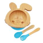 Kids Station 4 Piece Bamboo Feeding Set for Babies - Rabbit Bowl, Suction Ring, Spoon and Fork - Cartoon Dinner Set - Eco Friendly - Tableware, Self Feeding Baby Utensil Set for Baby Kids (Blue)