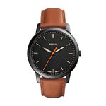 Fossil Men's Minimalist Quartz Stainless Steel and Leather Three-Hand Watch, Color: Black, Luggage (Model: FS5305)