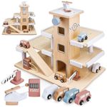 Mamabrum Multi-Storey Car Park, Wooden Garage Toy for Boys and Girls, Toys Improving Motor Skills & Hand-eye Coordination, Interactive Toys, Accessories Included, Scandinavian Colour Design