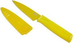 KUHN RIKON COLORI Non-Stick Serrated Paring Knife with Safety Sheath, 4 inch/10.16 cm Blade, Yellow