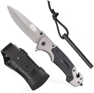 Tactiko Survival Folding Pocket Knife for Men with Fire Starter and Leather Belt Pouch - Emergency Tool Seatbelt Cutter, Glass Breaker, Magnesium Flint - Best for Camping, Hiking, Hunting (Black)