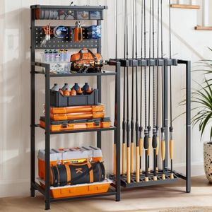 Fishing Rod Holders for Garage,Fishing Pole Holder with 3 Tier shelf, Black