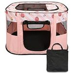 BELLE VOUS Pink Portable and Foldable Pet Playpen - Breathable Mesh Exercise Kennel with Removable Zipper Top for Indoor/Outdoor Travel Use - Puppy, Dog, Cat & Rabbit Crate Tent with Carry Case