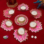 GIFT JAIPUR Handmade 7 Pc Pink Lotus Chudi Diya Rangoli Candles With Wax For Diwali Ganesh Chaturthi Laxmi Pooja Home Temple Rangoli Diya Floor Decoration, Woody