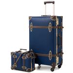 urecity Retro Suitcase 2Set Trolley Suitcase Set Handmade Suitcase Fashionable Women's Luggage 4Wheel Leather Suitcase (Vintage Blue, S(12")+M(20"))