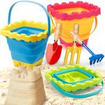 Dilabnba 6PCS Foldable Pail Castle Bucket and Metal Shovels for Kids Toddlers Age 3+, Beach Sand Toy Sets, Garden Tools, Portable Silicone Bucket, Summer Outdoor Toys for Boys Girls