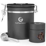 Coffee Gator Stainless Steel Canister - Medium 16oz, Gray Coffee Grounds and Beans Container with Date-Tracker, CO2-Release Valve, and Measuring Scoop - Ideal Coffee Lovers Gifts for Her
