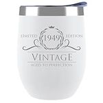 75th Birthday Gifts for Women Men - 1949 Vintage 12 oz White Stemless Wine Tumbler with Lid - 75 Year Old Birthday Party Decorations - Seventy-Fifth Gifts Ideas Presents for Mom Dad