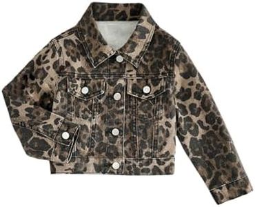 Floerns Girl's Vintage Basic Distressed Long Sleeve Single Breasted Crop Top Denim Jacket Khaki Leopard 5Y