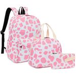 Cow Print School Backpack for Teen Girls, 3-in-1 Kids Backpack Bookbag Set School Bags with Lunch Box Pencil Case (Pink)