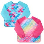 2 Pack Mermaid Kids Art Smocks - Pink Toddler Smock Kids Apron Children Apron Girls Painting Artist Smocks Cooking Baking Gardening Waterproof Artist Aprons with Long Sleeve Pocket Rose Blue Age 3-8