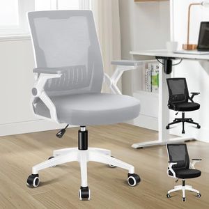 ALFORDSON Ergonomic Mesh Office Chair for Home Office, Mid-Back Student Computer Study Desk Chair with Adjustable Flip-Up Arm & Lumbar Support, Gaming Racing Task Chair, Conrad White Grey