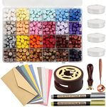 Wax Seal Stamp Kit with 24 Colors 748 Pcs Sealing Wax Beads, Wax Seal Stamp, Tea Candles, Stamp Warmer, Melting Spoon, Envelopes and Metallic Pens, Wax Seal Gift Set, Cards, Craft Decoration