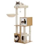 PAWZ Road Large Cat Tree, 51 Inches Wooden Cat Tower with Double Condos, Large Perch,Soft Hammock and Totally Wrapped Sisal Posts for Large Indoor Cats-Beige