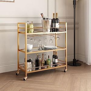 Maxkon Bar Cart Glass Home Bar Serving Cart Drinks Wine Cart Kitchen Serving Trolley with 3 Mirror Shelves & Glass Holder Gold