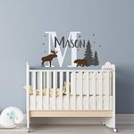 Custom Baby Name Wall Decal With Moose Bear Woodland Nursery Decor Personalized Name Wall Decal Boy Forest Nursery Vinyl Decal Boys Name