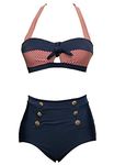Bslingerie® Ladies Retro Vintage Push Up High Waisted Bikini Swimsuit Plus Size (L, Red Striped Keyhole)
