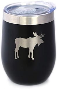 Moose Wine Tumbler with Sliding Lid - Stemless Stainless Steel Insulated Cup - Cute Outdoor Camping Mug - Black