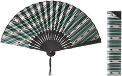 FORTUNA Tokyo Hand Made Japanese Folding Fan - Charging Bull Striped pattern with Silk & Bamboo, Made in Japan (17. Success Emerald Green)