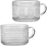 Bandesun Vintage Glass Coffee Mugs Tea Cups, 14 Oz Set of 2 - Stackable Embossed, Glassware with Handle, for Cappuccino, Latte, Cereal, Yogurt, Beverage Hot/Cold, Milk