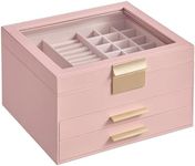 SONGMICS GISELLA Collection - Jewelry Box Organizer, 3-Layer Jewelry Storage with 2 Drawers, Shiny Metal Hardware, Glass Lid, Modern, 8 x 9.1 x 5.3 Inches, Jelly Pink and Gold Color UJBC239SA01S