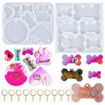 Pet Tag Resin Molds, SAGOOITS Silicone Mold for Resin Casting Pet Collar Tags, Dog Paw/Bone/Circle/Heart Silicone Mold Set with 10 Keychains, DIY Keychain Pendant Charm Crafts-Make Dog Cat Name Tags