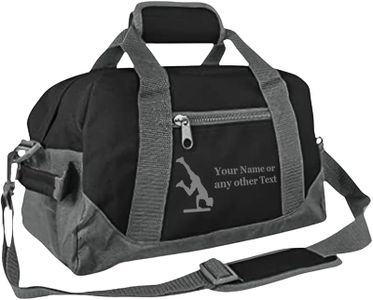Personalized Passion 14” Small Sports Duffel Bags for Kids - Waterproof Travel Duffle with Name & Gymnastics Design - Black/Gray Two-Toned Kids Weekender Bag for Boys and Girls