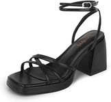 ISNOM Black Platform Heels for Women Heeled Sandals with Lace Up Strappy Ankle Strap Square Open Toe for Wedding Work Party Dress, Matteblack, 9.5