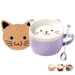 BigNoseDeer Gifts for Women Her Cute Kawaii Purple Cat Coffee Mugs with Lids Spoon,Novelty Animal Coffee Ceramic Cup Dessert Saucer Set,Christmas Japanese Birthday Gifts for Girls Friend Kid