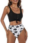 Vozobi Women's High Waisted Bikini Sets Scoop Neck Swimsuit Cheeky Thong Bottom Two Pieces Bathing Suit Pool Beach Set Black White